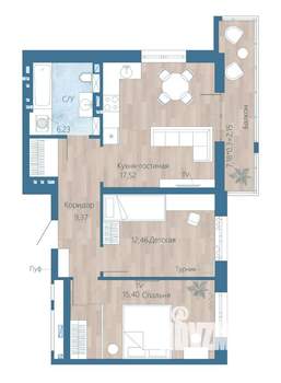 3-к квартира, строящийся дом, 64м2, 8/15 этаж