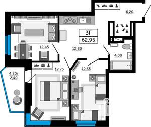 3-к квартира, вторичка, 63м2, 12/19 этаж