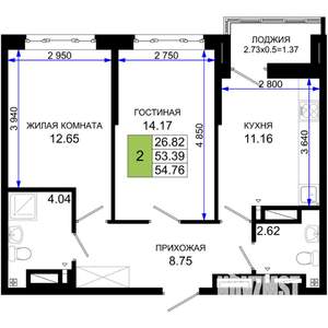 2-к квартира, строящийся дом, 55м2, 20/25 этаж
