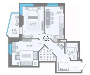 2-к квартира, вторичка, 61м2, 25/26 этаж