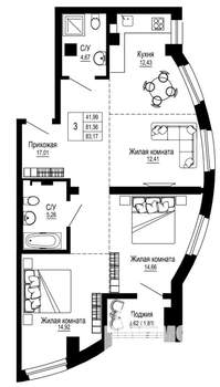3-к квартира, строящийся дом, 83м2, 3/24 этаж