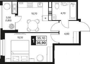 1-к квартира, вторичка, 37м2, 12/20 этаж