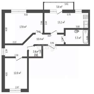 2-к квартира, вторичка, 61м2, 1/3 этаж
