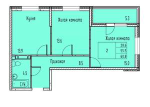 2-к квартира, строящийся дом, 58м2, 13/15 этаж